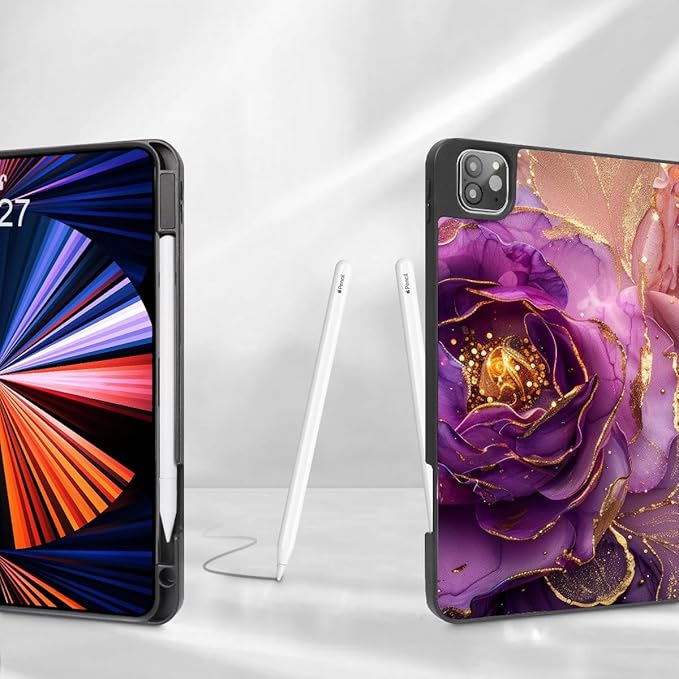 Mektron for iPad Pro M2 11-inch 4th/ 3rd/ 2nd/ 1st Gen Case 2022 2021 2020 2018 with Pencil Holder Tablet Cover with Soft TPU Back Cover for 11 inch iPad Pro Marble Flowers