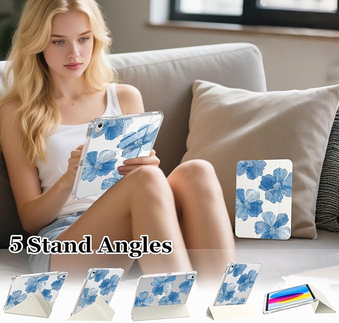 Cute Blue Flower for iPad (A16) 11th/10th Generation Case 11 Inch/10.9 Inch 2025/2022 with Pencil Holder Auto Sleep/Wake White Leather Acrylic Back Detachable Cover