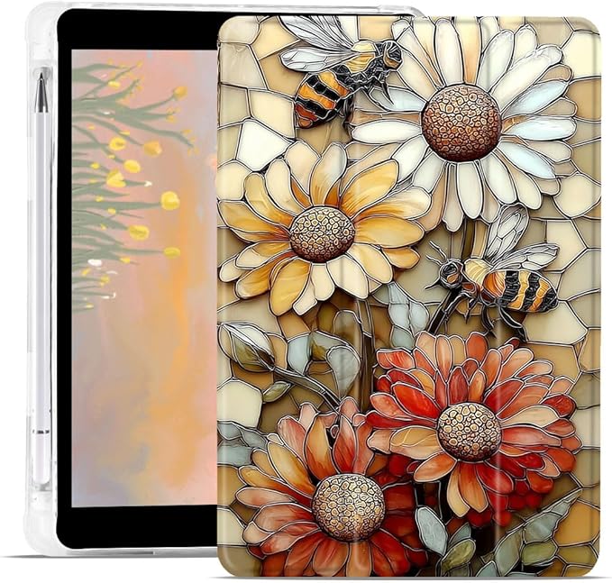 Cute Flower &amp Bee Case for iPad Pro 6th/5th/4th/3rd Gen (2022/2021/2020/2018) 12.9 Inch Sunflower Aesthetic Design Foldable Leather Protective Case Soft Back Cover with Pencil Holder
