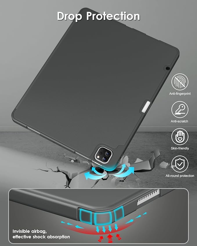 DTTO for iPad Air 13 Inch Case M4/M3/M2 2026/2025/2024 iPad Pro 12.9 Inch Case (6th/5th/4th/3rd Gen) Smart Slim Trifold Stand Soft Cover with Pencil Holder Dark Gray