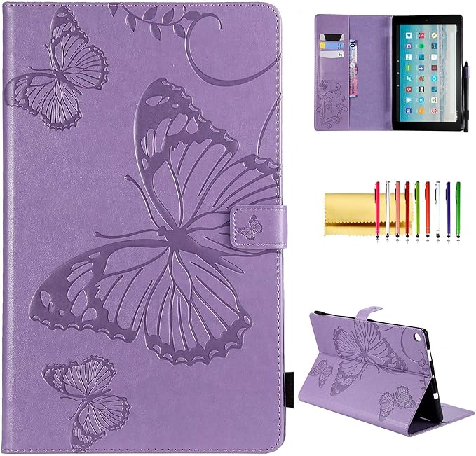 Case for Fire HD 10 Tablet Techcircle Butterfly Embossed Slim Folding Stand Cover with Credit Card/Cash Holder Case for Amazon Fire HD 10.1 5th/7th/9th Generation-2015/2017/2019 Release Lavender