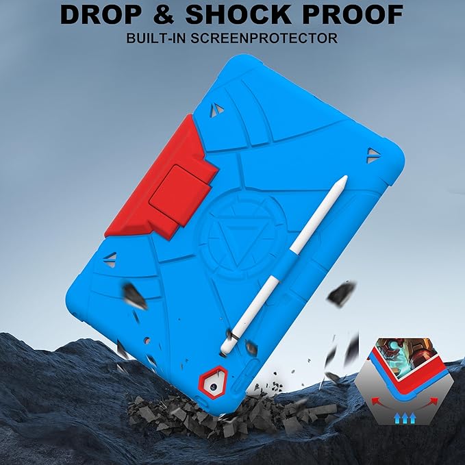 Case for iPad 9th/8th/7th Generation 10.2 inch Heavy Shockproof Cover with Screen Protector/180° Rotating Handle/Bracket/Pen Holder/Shoulder Strap Kids Case for 2021/2020/2019 (D-Blue+Red)
