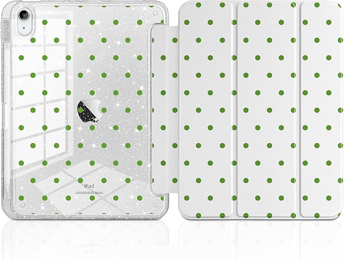 MEEgoodo Case for iPad A16 11th Generation 2025/10th Generation 2022 Glitter Tablet Cases with Transparent Acrylic Back+Trifold Stand +Pencil Holder+Auto Wake/SleepGreen Polka Dots