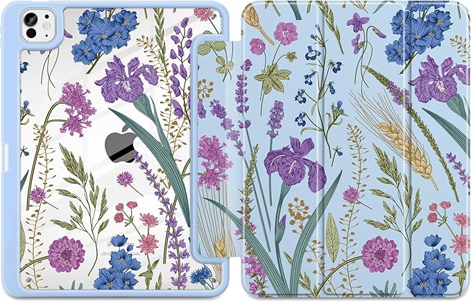 DONGKE for iPad Pro 11-Inch Case (M5 2025 / M4 2024) 6th/5th Generation [Auto Sleep/Wake &amp Pencil Pro Holder] Clear Acrylic Back Smart Trifold Stand Cover Blue Botanical Wildflower