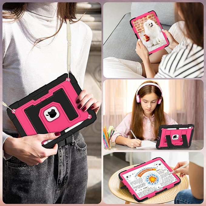 WESOROL Case for iPad A16 11th Generation 11 Inch (2025) iPad 10th Generation 10.9 Inch (2022)i Pad A16 Case Military Grade Shockproof Cases with Pencil Holder Shoulder StrapBlack Pink