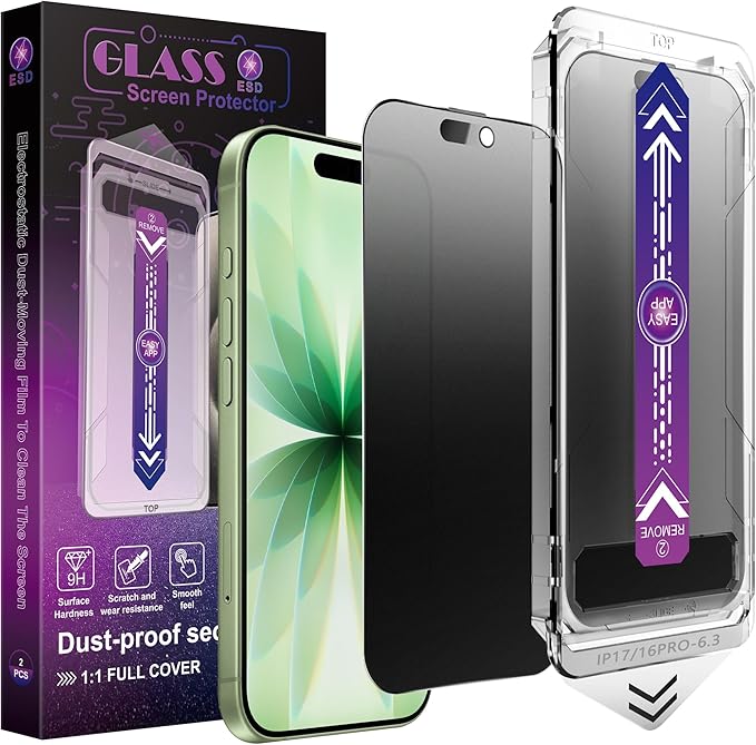 2 Pack Matte Privacy Screen Protector for iPhone 17 &amp iPhone 16 Pro 6.3 9H+ Hardness Anti-Spy Anti-Glare Tempered Glass Smooth Responsive Touch &amp Scratch Resistant Bubble-Free Easy Install
