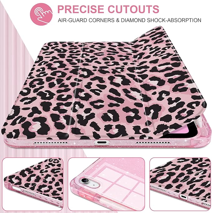 TWOLSKOO Sparkly Case for iPad Pro 11 inch (M5 2025 / M4 2024) Glitter Hard Acrylic Back with Pencil Holder Slim Trifold Stand Folio Cover Auto Sleep/Wake Pink Leopard