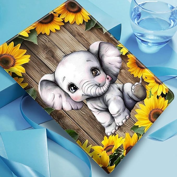 Case for iPad Air 11 (M3 2025 / M2 2024)/ iPad Air 6th/5th/4th Gen Case (2025/2024/2022/2020) 10.9 Inch PU Leather Smart Protective Cover with Auto Sleep/WakeSunflowers Wooden Elephant