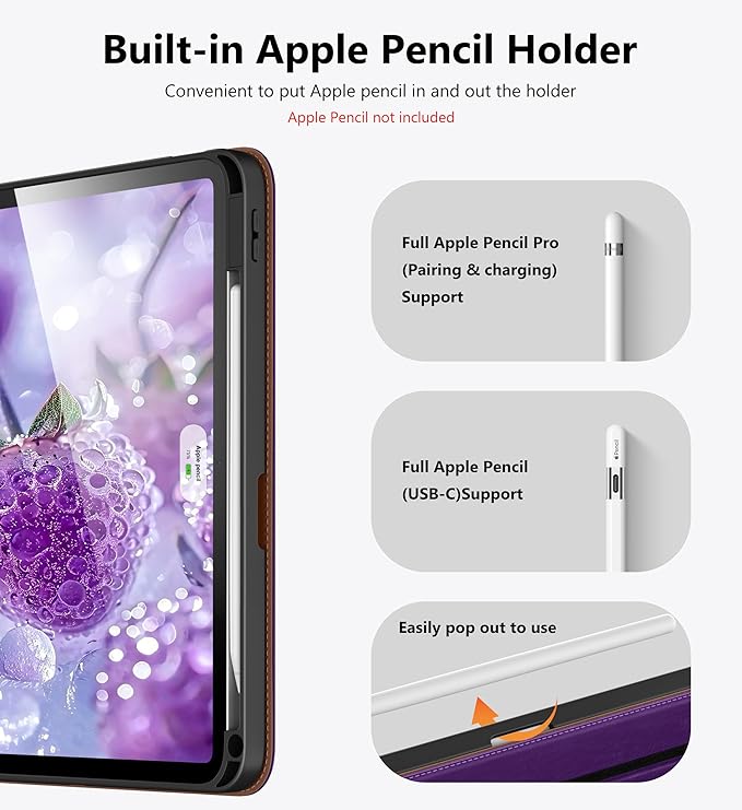 DTTO for iPad Air 11 inch Case M4 / M3 / M2 (2026/2025/2024) iPad Air 5th / 4th Gen (2022/2020) 360 Degree Rotating Premium Leather Folio Stand Cover with Pencil Holder Dark Purple