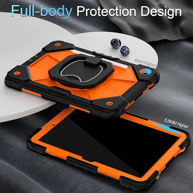 Case for Galaxy Tab A11 Plus/A9 Plus 11 Inch Heavy Duty Cases for Samsung Galaxy A11+/A9+ Tablet Case with Screen Protector 360 Rotating Stand Shoulder Strap Pen HolderBlack Orange