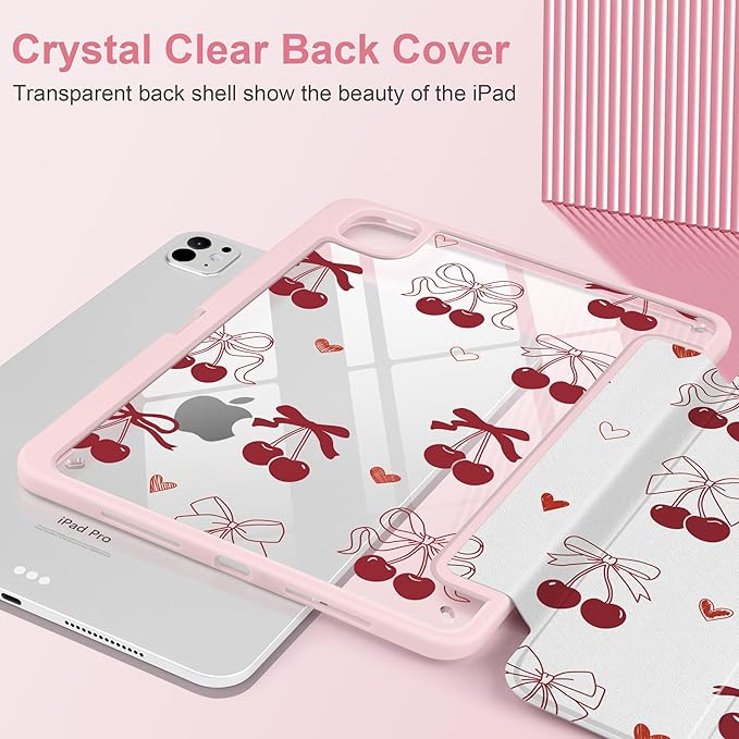 Case for iPad Pro 13 inch (M5) 2025 (M4) 2024 Release with Pencil Holder - Aesthetic Cute Preppy Design Trifold Cover with Soft TPU Bumper Clear Back Auto Sleep/Wake for Girls Women Cherry