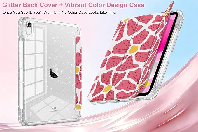 MEEgoodo Case for iPad A16 11th Generation 2025/10th Generation 2022 Glitter Tablet Cases with Transparent Acrylic Back+Trifold Stand +Pencil Holder+Auto Wake/SleepPrint with Flowers