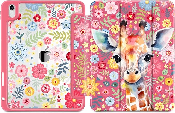 Case for iPad (A16) 11th Generation 11 inch 2025 /iPad 10th Gen 10.9 2022- Cute Patterns Hot Pink Cover with Clear Back Shell Auto Wake Sleep Trifold Stand &amp Pencil Holder Giraffe