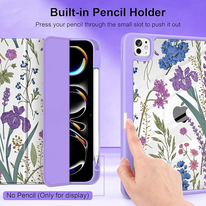 DONGKE for iPad Pro 11-Inch Case (M5 2025 / M4 2024) 6th/5th Generation [Auto Sleep/Wake &amp Pencil Pro Holder] Clear Acrylic Back Smart Trifold Stand Cover Purple Botanical Wildflower