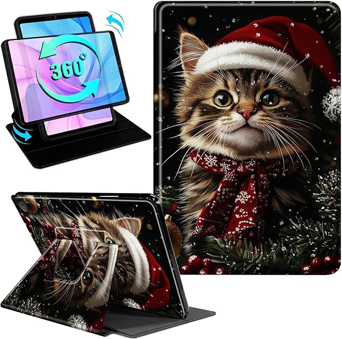 Case for Kindle Fire HD 8 &amp 8 Plus Tablet(12th/10th Gen 2024/2022/2020) 360 Degree Rotating Swivel Stand Flip Cover with Auto Sleep/Wake Christmas Cat