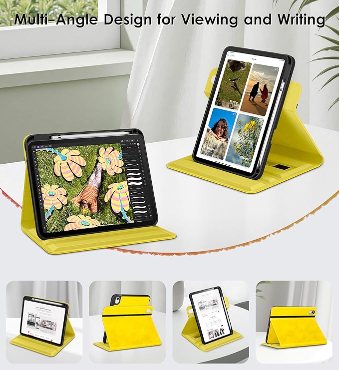 DTTO for iPad A16 Case iPad 11th / 10th Generation Case (2025/2022) 360 Degree Rotating Premium Leather Folio Stand Cover with Pencil Holder Yellow