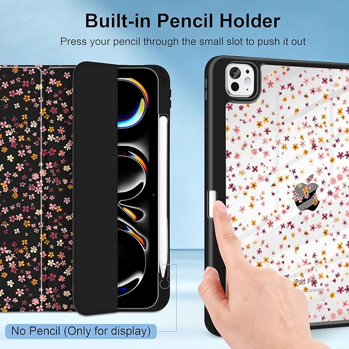 MecBevia Case for iPad Pro 11 inch M5 2025 / M4 2024 (6th/5th Gen) A3357 A3358 A3359 A2836 A2837 A3006 – Built-in Pencil Holder &amp Auto Wake/Sleep Tiny Floral