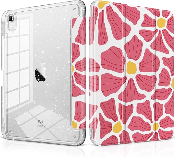 MEEgoodo Case for iPad A16 11th Generation 2025/10th Generation 2022 Glitter Tablet Cases with Transparent Acrylic Back+Trifold Stand +Pencil Holder+Auto Wake/SleepPrint with Flowers