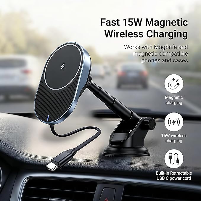 IJS Magnetic Wireless Car Charger with Built-in Retractable Cable – Extendable Windshield &amp Dashboard Phone Mount – 15W Magsafe Compatible – Fast Charging for iPhone 17/16/15/14/13/12 Samsung Pi