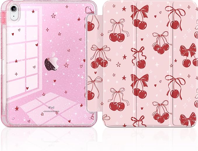 DONGKE for iPad Pro 11 inch Case – Fits M5 2025 / M4 2024 Shockproof Sparkling Glitter Acrylic Back Pencil Holder Trifold Stand Auto Sleep/Wake &amp Touch ID Support - Cherry &amp Bow