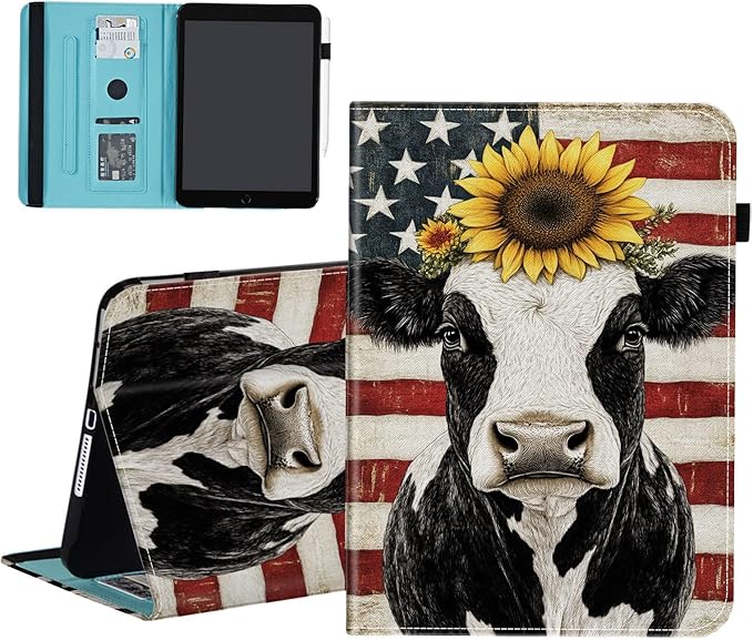 Case for Samsung Galaxy Tab S9 FE 5G 10.9 Inch/Tab S9 11 Inch 2023Wallet PU Leather Folio Cover Multi-Angle Stand with Auto Wake/SleepAmerican Flag Cow Sunflower