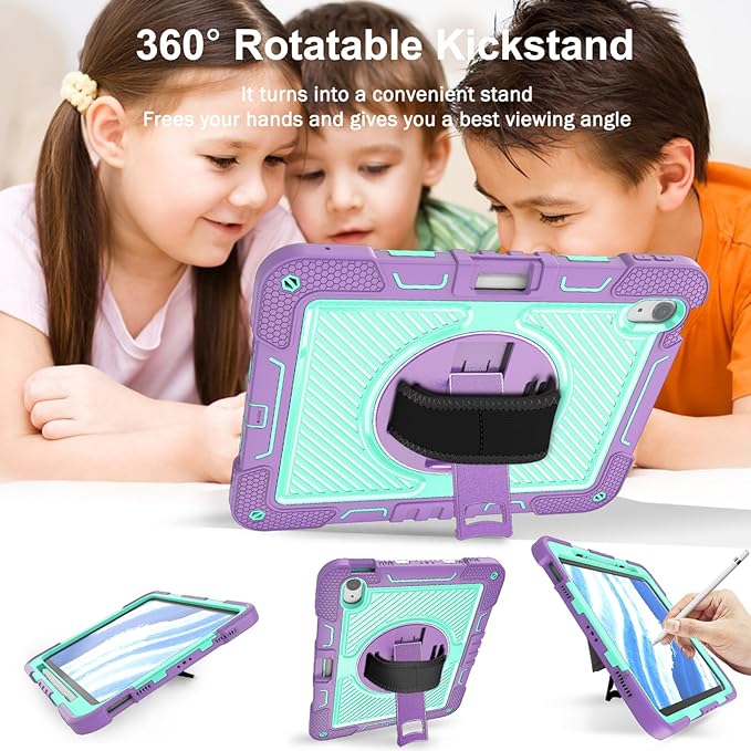 Shockproof Case for iPad Air 4th/5th Generation iPad Air 11 2025 2024 Cover with Shoulder Strap+Pencil Holder Techcircle Heavy Duty Rotating Kickstand Hand Strap Rugged Case Lavender+Aqua