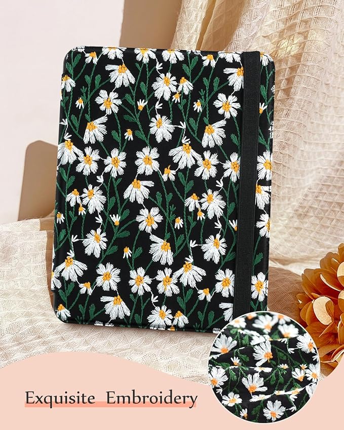 for iPad 9th/8th/7th Generation Case 10.2'' - Women Girls Cute Embroidered Folio Stand Cover with Pencil Holder &amp Card Slot Girly Black Daisy Floral Design Aesthetic Cases for iPad 7th/8th/9th