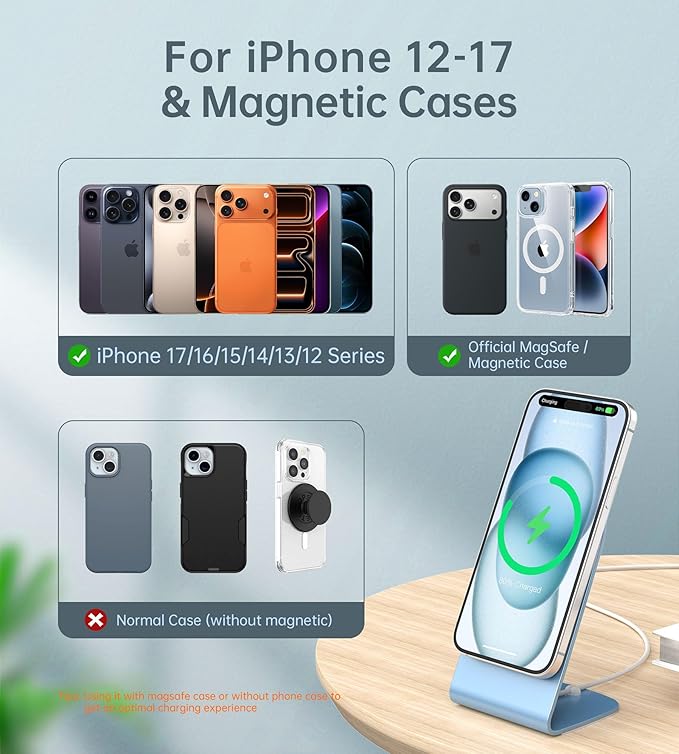Magnetic Wireless Charger for iPhone 17/16/15/14/13/12 - Mag Charger+20W USB C Adapter Fast Wireless Charging Stand/Pad with 5ft Cable for iPhone 17/16/15/14/13/12 Pro Max Plus Mini 17 Air Blue
