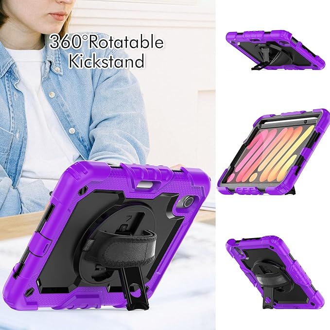 Case for iPad mini 7 (A17 Pro) 2024/ Mini 6 8.3'' with Pencil Holder Screen Protector [360 Rotating Hand Strap] &ampStand &ampShoulder Strap Shockproof Case for iPad mini 7th/6th Generation Purple