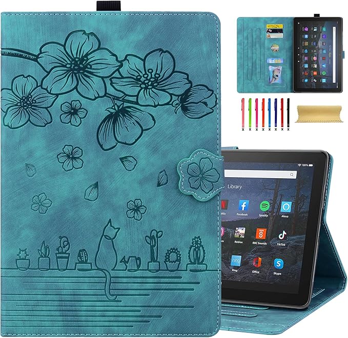 Dteck Case for All-New Amazon Kindle Fire HD 10 &amp 10 Plus Tablet (13th/11th Generation 2023/2021 Release) 10.1 Premium PU Leather Embossed Flower Folio Stand Case Cover with Pencil Holder Gree