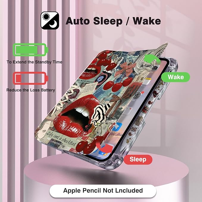Y2K Retro Red Lips Cherry Design Case for iPad mini 6/7 (8.3) Cover with Pencil Holder DIY Stickers Tri-Fold Stand Auto Wake/Sleep for Girls