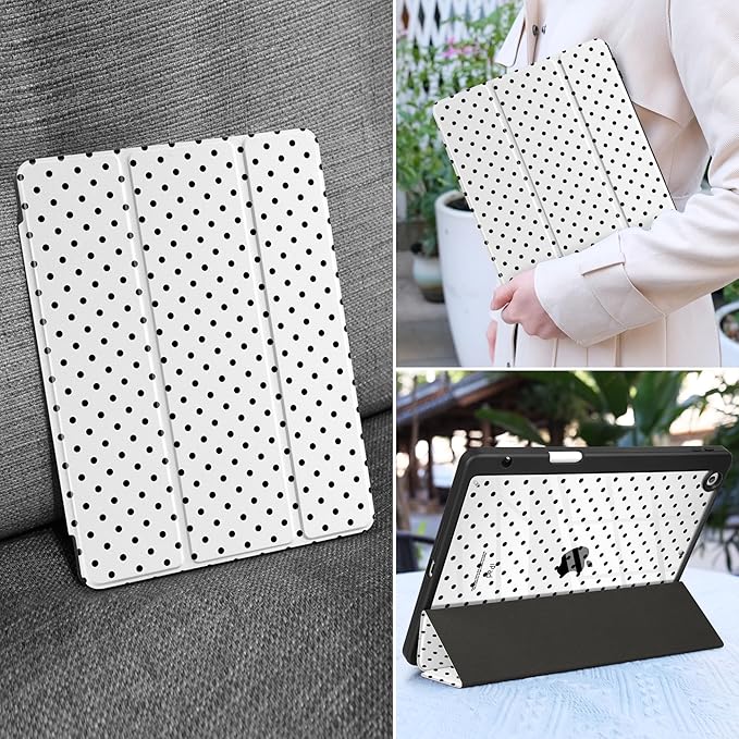 MEEgoodo Case for iPad 10.2 inchTablet Cases for iPad 9th Generation 2021/8th Gen 2020/7th Gen 2019 with Clear Acrylic Back Shell+Pencil Holder+Auto Wake/Sleep+Trifold Stand Poka Dot Black