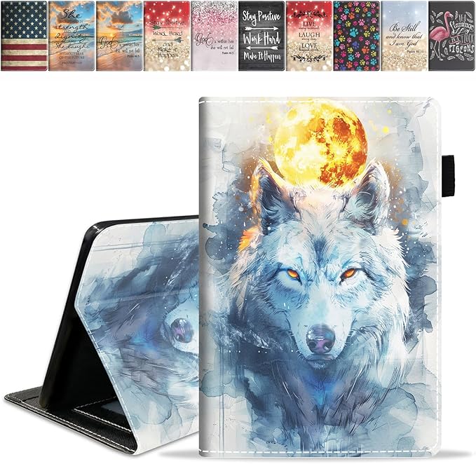 Case for Amazon Kindle Fire 7 Tablet (7 9th/7th Generation 2019/2017 Release) Slim PU Leather Cover with Card Slot &amp Auto Wake/Sleep Watercolor Art Wolf