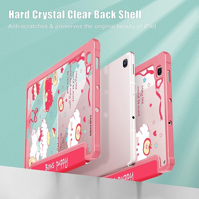 Mektron Case for Samsung Galaxy Tab S6 Lite 10.4 Inch 2024/2022/2020 with S Pen Holder Multi-Angle Viewing with Shockproof Cover Clear Shell + Trifold Stand + Auto Wake/Sleep Cute Puppy-Red
