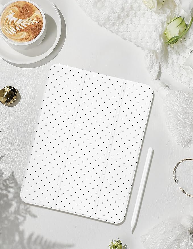 Compatible with iPad Pro 11 Inch (M5) 2025 /(M4) 2024 Case with Pencil Holder Cute Polka Dots Aesthetic Design Soft TPU Trifold Stand Protective White