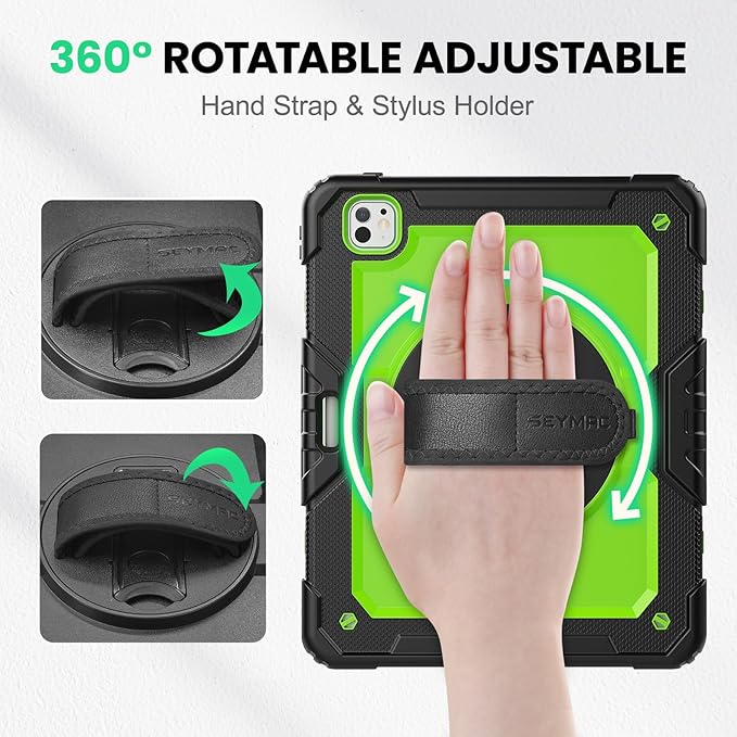 SEYMAC Case for iPad Pro 13 Inch M5 2025 / M4 2024 Heavy Duty Shockproof Protective Case with Screen Protector 360° Rotating Stand Hand/Shoulder Strap and Pen Holder Green