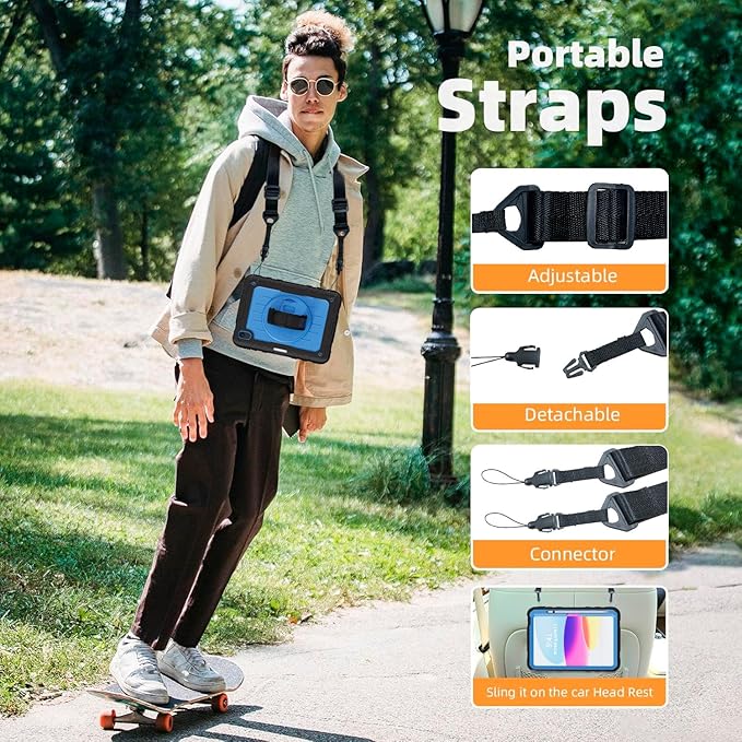 Case for iPad 10th Generation 10.9inch 2022with Built-in Screen Protector and KickstandHand StrapShoulder Strap for New Apple iPad 10.9 Inch(Black/Blue)