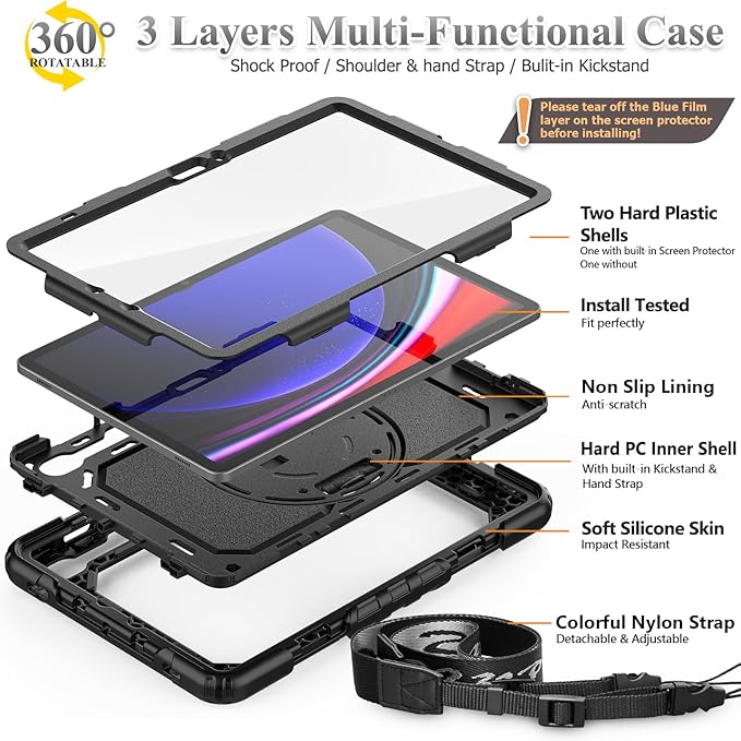 SEYMAC stock Case for Samsung Galaxy Tab S10 Lite / S10 FE / S9 FE 5G / S9 Tablet Case 10.9''/ 11'' Protective with Screen Protector Pen Holder 360 Rotate Stand Hand Strap Shoulder Strap Black1
