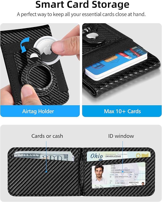 For Magsafe Wallet Stand with Airtag Holder Strongest Magnetic Wallet for iPhone 17/16/15/14/13/12 Series ID Window 4 Card Slots 10 Cards Holder Vegan Leather RFID Blocking Black Carbon Fiber