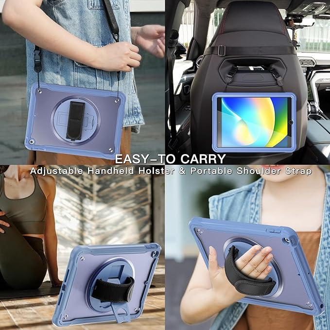 BRAECNstock for iPad 9th/ 8th/ 7th Generation Case 10.2 2021/2020/2019Shockproof Cover with 360° Rotating Hand Strap/StandScreen ProtectorCarrying Shoulder StrapPencil Holder(Lavender Grey)