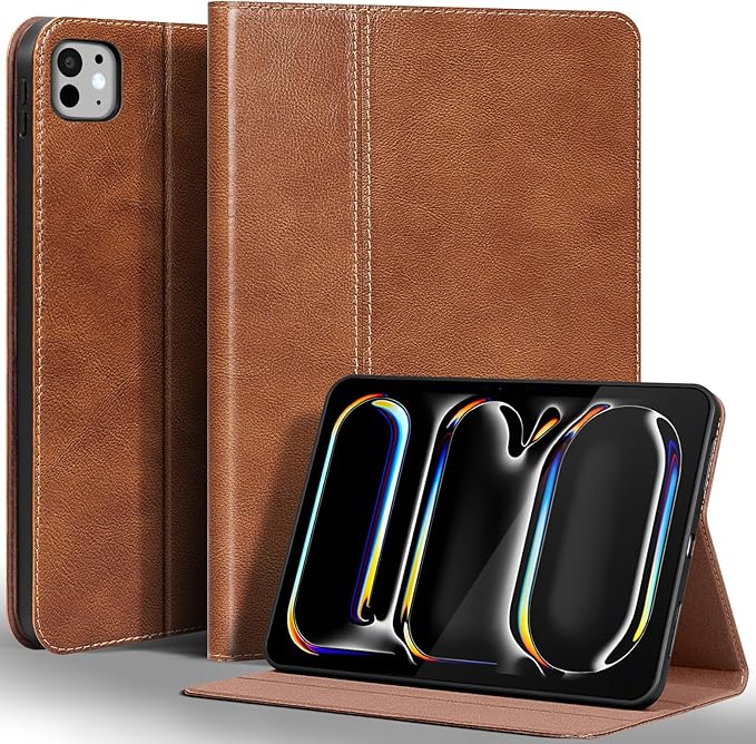 Gexmil Genuine Leather Case for iPad Pro 11 Inch (M5/M4) 2025/2024 with Adjustable StandProtective Shockproof Premium Leather Smart Folio Cover Auto Sleep/Wake Anti-SlipVegetable Tanned Brown