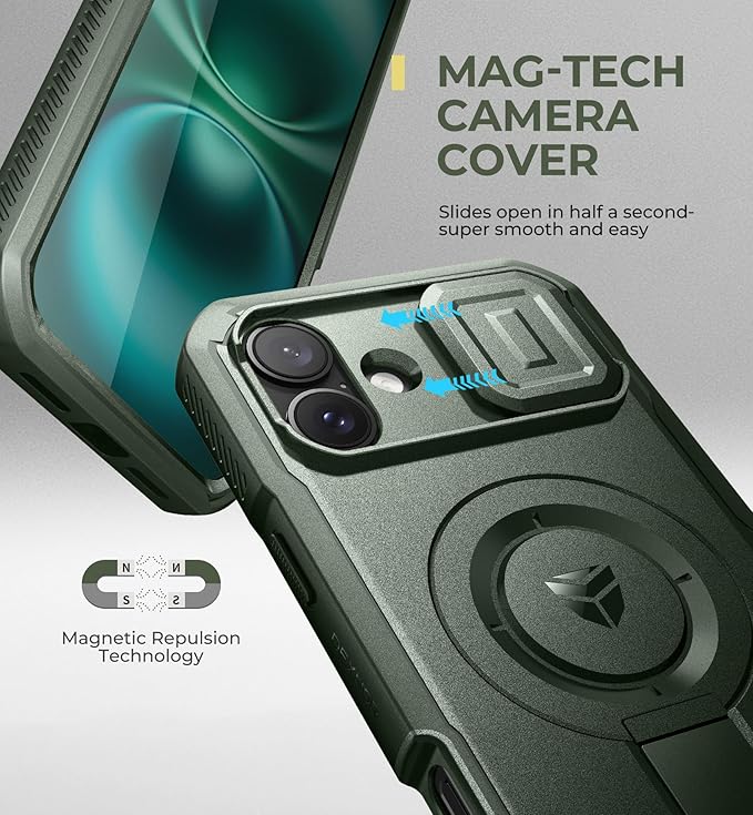 Dexnor for iPhone 16 Plus Case with Slide Camera Cover&ampAdjustable Kickstand &amp Built-in Screen ProtectorCompatible with MagSafe Shockproof Bumper Cases Heavy-Duty Magnetic Protective CoverArm
