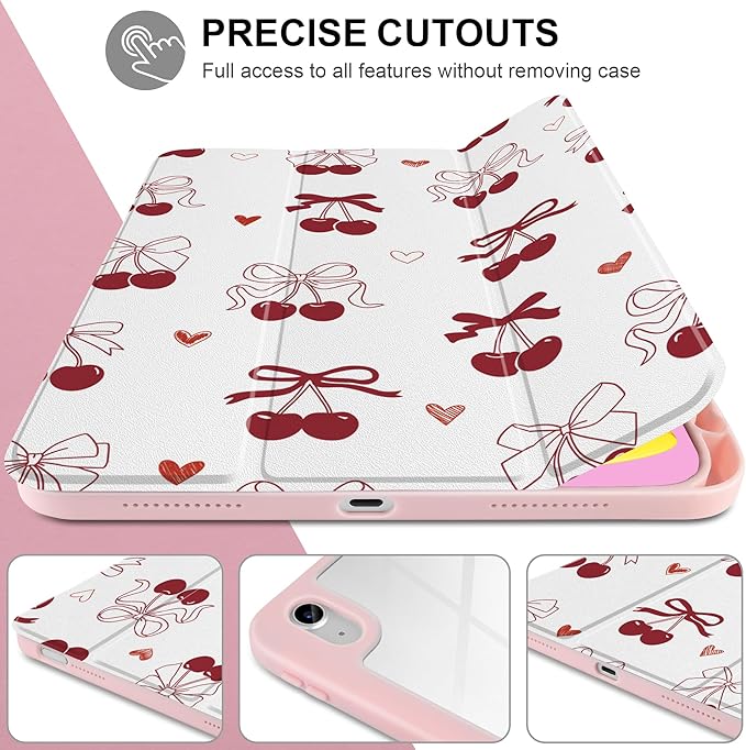 Case for iPad (A16) 11th Generation 11 inch 2025 /iPad 10th Gen 10.9 2022 - Aesthetic Cute Preppy Design Trifold Cover with Soft TPU Bumper Clear Back Auto Sleep/Wake Cherry