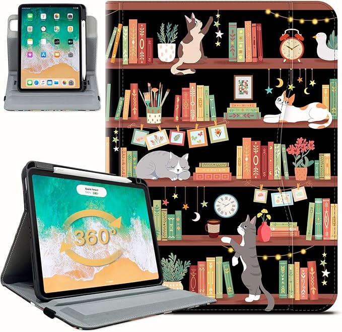 Rotating iPad Air 11-inch Case M4/M3/M2 Case for iPad Air 5th/4th Generation 10.9 Inch 360 Swivel Multi-Angle Adjustable Stand Pencil Holder/Pocket/Hand Strap for iPad Pro 11-inch case Bookshelf Cat