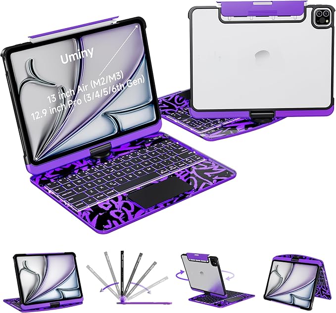 Transparent Keyboard Case for iPad Air 13 Inch (M3 2025/M2 2024) &amp iPad Pro 12.9 (6th/5th/4th/3rd Gen) - Multi-Touch Trackpad 360° Rotating Stand 7-Color Backlit Pencil Holder Purple