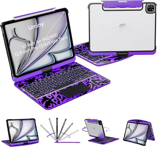 Transparent Keyboard Case for iPad Air 13 Inch (M3 2025/M2 2024) &amp iPad Pro 12.9 (6th/5th/4th/3rd Gen) - Multi-Touch Trackpad 360° Rotating Stand 7-Color Backlit Pencil Holder Purple