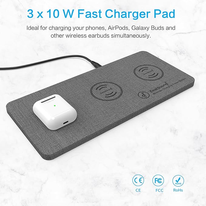 ZealSound Triple Wireless ChargerCharging PadUltra Slim Fast 3x10W Charger Station for Multiple 3 Devices New Airpods Samsung Earbuds Mat Dock W/AC Adapter for All Wireless Charging Phones