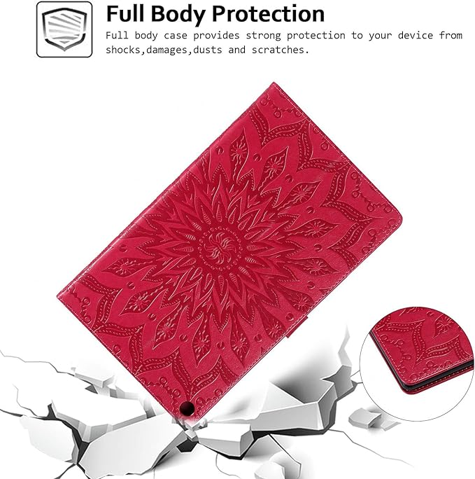 Folio Case for Fire HD 10 (9th/7th/5th Generation 2019/2017/2015 Release) Techcircle Sunflower Embossed Stand Protective Cover with Card/Cash Holder for Amazon Fire HD 10.1 Inch Tablet Red