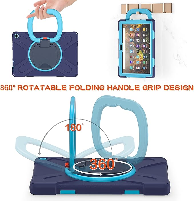 360 ° Rotation Portable Case for Fire HD 10 &amp 10 Plus Tablet（11th Generation 2021 Release Rugged Case Rotating Stand Hand Strap Shoulder Carrying Strap Outdoor Cover (Navy+Blue)