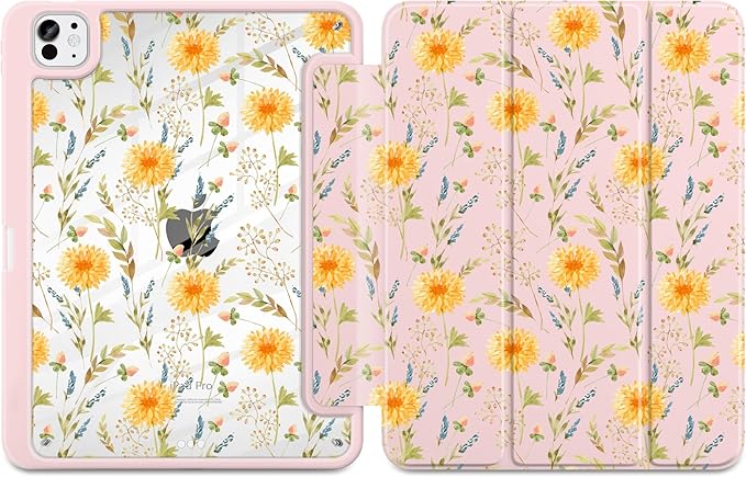 Case for iPad Pro 11 Inch (M5 2025 M4 2024) – [Built-in Pencil Holder] Shockproof &amp Stylish Clear Hard Back + Soft TPU Edge Magnetic Trifold Stand Auto Wake/Sleep Yellow Floral